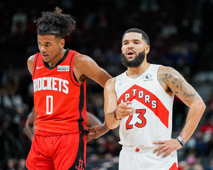 Former Raptors guard Fred VanVleet looks on against Rockets' Jalen Green at Scotiabank Arena. Mandatory Credit: Kevin Sousa-USA TODAY Sports